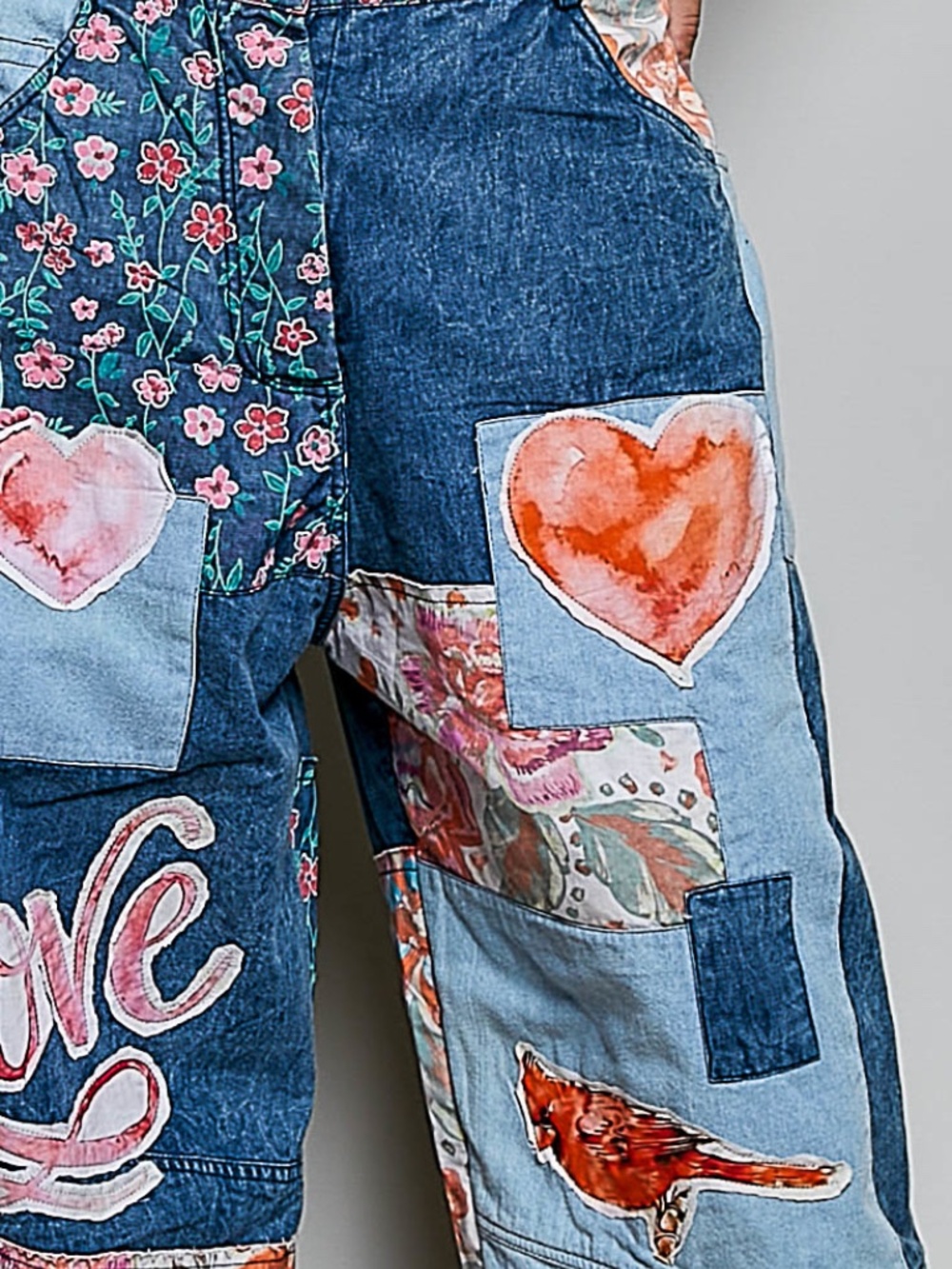POL Denim Stretchy Waist Heart Birds Love Graphic Patchwork Wide leg Pants - Picture 3 of 9